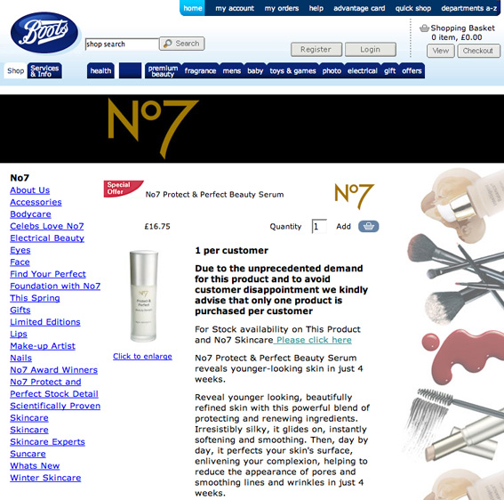 Boots No7 Perfect Serum webpage