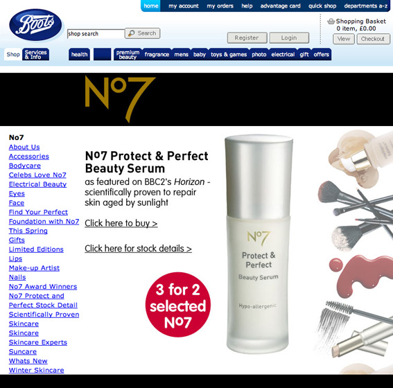 Boots No7 Protect Serum webpage